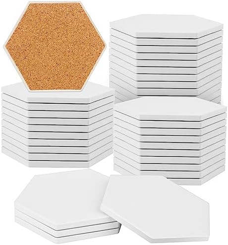 GNIEMCKIN 40 Pieces 3.75 Inch Hexagon Blank Ceramic Coasters, Unglazed