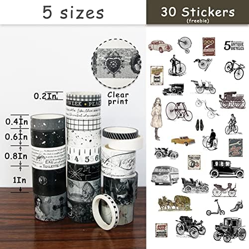 20 Rolls Vintage Washi Tape Set & 30 Pcs Black Retro Sticker, Wide Floral Aesthetic Masking Tape for Scrapbook Supplies,Junk Journal,Planner,DIY Decor, Craft (Black)
