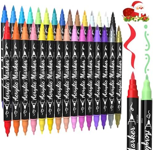30 Colors Precision Dual Tip Acrylic Paint Markers Pens - Brush & Fine | Performs on Rock, Wood, Paper, Fabric, Egg, Scrapbook, Glass, Ceramic, Canvas, DIY Crafts Art Gift - School Supplies