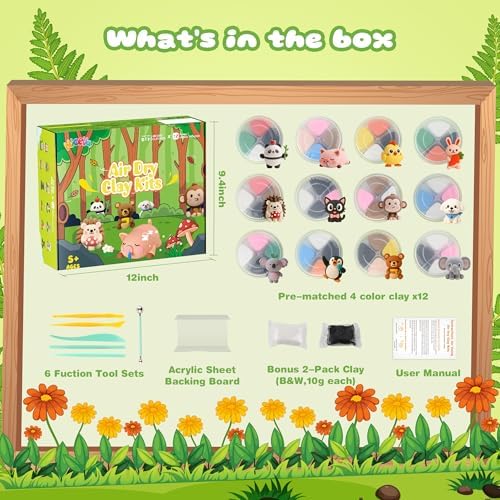Nicella Air Dry Clay Kit, 12 Animals Modeling Clay for Kids, Model Magic Clay with Sculpting Tools and Tutorials, Safe & Non-Toxic, DIY Arts & Crafts School Projects, Home Party Favors for Boys Girls