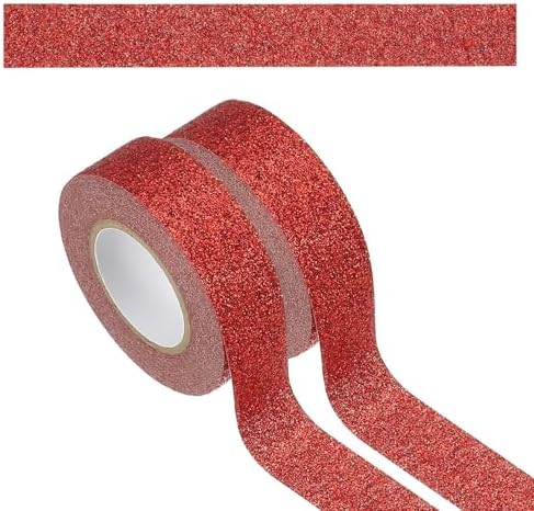 Red Glitter Washi Tape 2 Rolls, Sparkle Decorative Tape for DIY Crafts Scrapbooking Journaling, Sticky Colored Masking Tapes for Art, Wall Decor Gift Wrapping (0.6in x 11Yard)