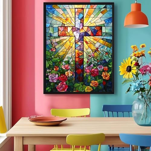 RYMILIE Diamond Art Kits for Adults Stained Glass Cross12x16inch | 5D Stress Relief Diamond Painting Kit for Beginners, DIY Full Round Drill Gem Art Crafts for Home Wall Decor Gift
