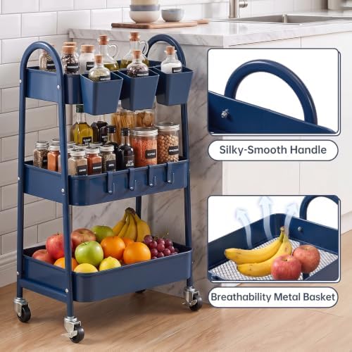 danpinera 3-Tier Rolling Cart, Utility Cart Mobile Metal Rolling Storage Cart with Lockable Wheels & Hanging Cups & Hooks for Kitchen, Bathroom, Office, Workshop, Dark Blue