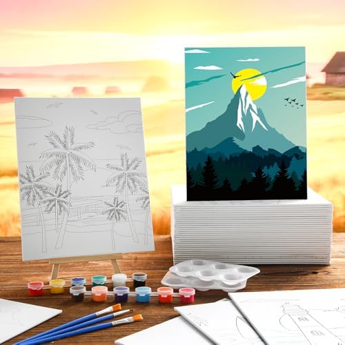 Harloon 36 Pcs 8 x 10 Inch Pre Drawn Canvas for Painting Pre Stretched Canvas Painting for Adults Illustration Landscape Outline for Sip and Paint Party Supplies Favor
