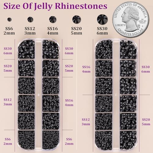 Resin Jelly Rhinestones for Crafting with B7000 Jewelry Glue, 2 Boxes Black Flatback Crystals with 3Pcs 10ml Glue, Bedazzling Non Hotfix Gems for DIY Tumblers Clothing Shoes Manicure