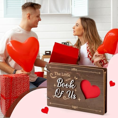 CY2SIDE Valentine's Day Couple Photo Album Scrapbook - 111PCS The Little Book of Us Wooden Album Scrapbook Kit for Lovers with Heart Puzzle Brown Paper Sticker and Template for DIY Dating Anniversary