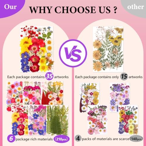 NESCCI 210 Pcs Dried Pressed Flowers for Resin,Real Nature Dried Flowers for Crafts Bulk Dry Flowers Leaves Kit Used for Resin Molds Scrapbooking DIY Art Crafts Candle Soap Making Nails Décor
