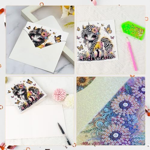 6 Pcs 5D Diamond Painting Greeting Cards Kits with Envelopes, DIY Rhinestone Diamond Art Cards, Unicorn Design with Laser Effect Handmade Festival Greeting Card for Birthday, Celebration and Party