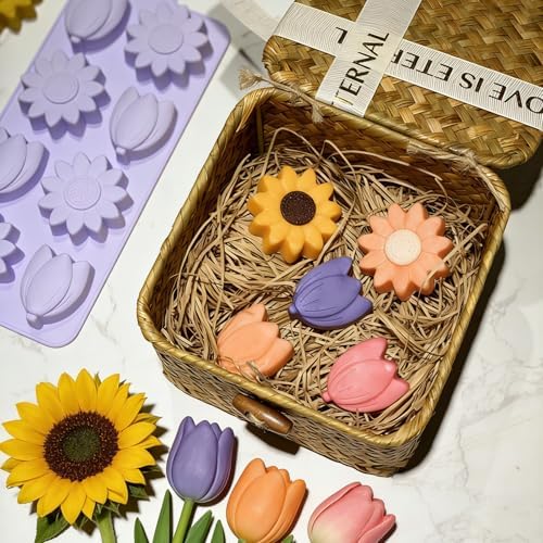 Flower Ice Cube Molds Silicone 2Pcs Sun Flower Chocolate Candy Molds for Baking Tulip Shape Jello Molds Pudding Molds for Desserts Soap Making(Pack of 3)
