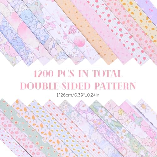1200Pcs Colorful Origami Star Paper Strips 24 Patterns Double-sided Spring Pattern Lucky Star Paper Strips for DIY Handcrafts School Teaching