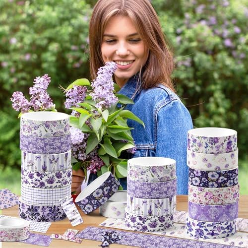 12 Rolls Purple Flower Washi Tape Set, 15 mm x 5 Meters Vintage Flower Decorative Masking Tape, Purple Rose Lavender Patterned Washi Tapes for DIY Craft, Scrapbook, Journal, Gift Wrapping