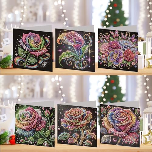 Diamond Art Cards with Envelopes–6PCS DIY Diamond Painting Greeting Cards Kit | Card Making Kit with Bling for Adults & Beginners | Birthday,Holiday & Thank You Cards (Rose Flower)