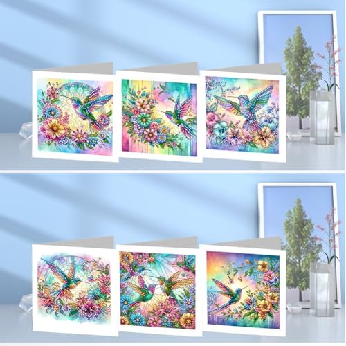 Diamond Art Cards with Envelopes–6PCS DIY Diamond Painting Greeting Cards Kit | Card Making Kit with Bling for Adults & Beginners | Birthday,Holiday & Thank You Cards (Flower Hummingbird)