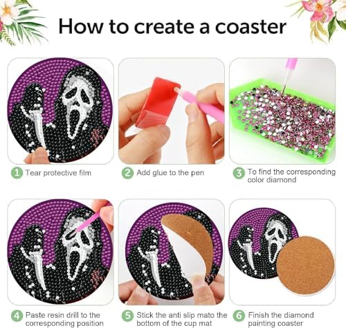 8 Pcs Horror Diamond Art Coasters Kits, Diamond Painting Coasters Kits ﻿ ﻿