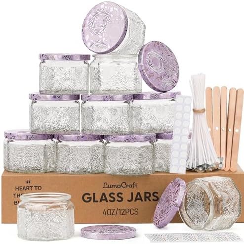 12 Pack 4oz Glass Candle Jars with Lids, Hexagon Embossed Candle Making Containers, Empty Candle Jars with 20 Wicks & Labels for DIY Candle Making, Party Favors, Home Decor