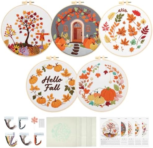 5 Sets Fall Embroidery Kits for Beginners, Autumn Pumpkins and Maple Leaves Embroidery Starter Kit for Adults Thanksgiving Gifts with Stamped Pattern DIY Needlepoint Kit Cross Stitch Set with 2 Hoops
