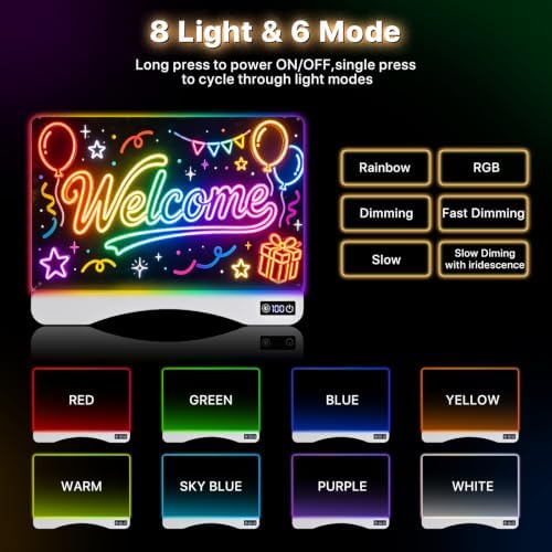 Rechargeable LED Glow Drawing Board, 9 Colors 6 Light Modes Scratch Proof Dry Erase Art Set with Stand, 12 Markers & Sketch Book, Birthday Gift for Toddlers Kids Ages 3+
