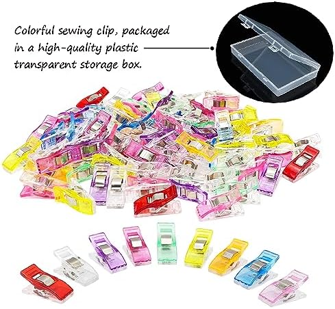 Sewing Clips, 100 Pcs with Plastic Box, Assorted Colors Quilt Clips Quilting Clips for Fabric Clips for Sewing and Quilting, Fabric Sewing Binding Crafting Clips, Bag Clips, Sewing Tools