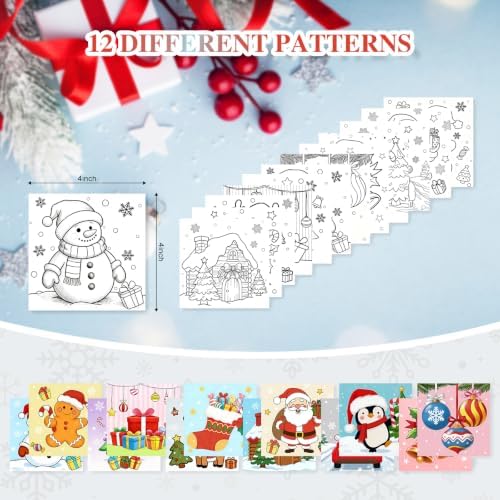 Christmas 12 Packs Pre Drawn Canvas to Paint, Pre Printed Canvas for Painting, Pre Stretched Canvas Outline Painting Boards for Beginners, Students, Party Favors(4 * 4in) (Christmas)