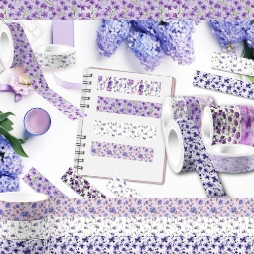 Purple Floral Washi Tape Set - 12 Rolls Decorative Masking Tape Crafts