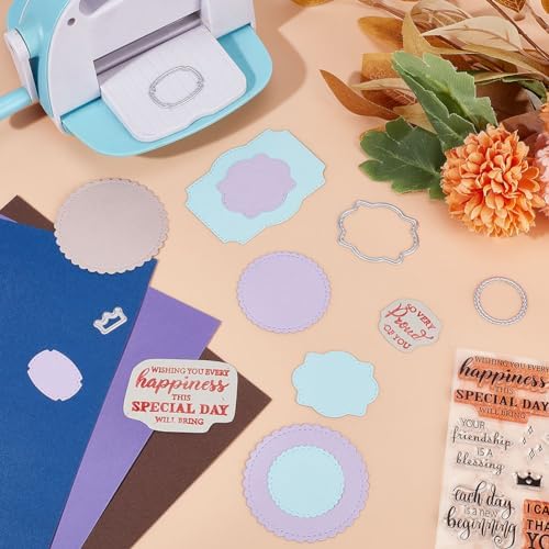 INFUNLY Word Stamp and Die for Card Making Label Rectangle Die Cuts Round Frame Metal Cutting Dies Inspirational Quotes Transparent Rubber Stamps for DIY Scrapbooking Paper Photo Album Decor