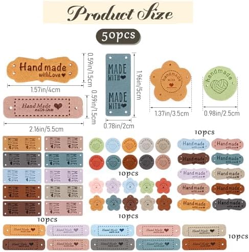 50pcs Handmade Tags for Crochet Handmade Leather Labels Faux Handmade with Love Leather Tags for Handmade Items Embellishment Knit Accessories with Hole for DIY Crafts Sewing Crochet Knitting Hats
