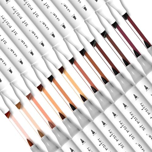 SFAIH Skin Tone Alcohol Markers Brush & Chisel - 12 Dark Portrait Colors, Blendable & Refillable Permanent Art Markers for Adults/Teen/Artists/Creators & Illustrators