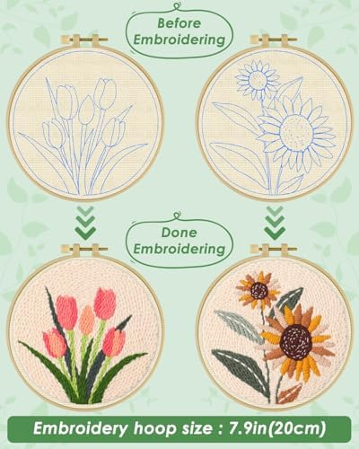 ERKOON Punch Needle Kit Adults Beginners, 2 Pcs DIY Easy Flower Embroidery Set for Starter Art Craft, Needling Punching Project with Patterns, Tools, Yarns, Hoop, Instruction (Sunflowers & Tulips)