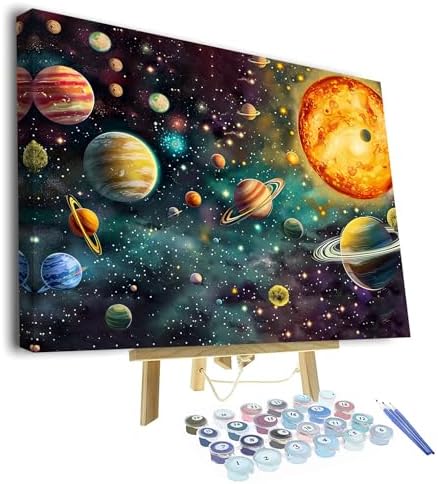 TUMOVO Paint by Numbers for Adults - Solar System Canvas Art & Glowing Planets Design, Adult Paint by Number Kits with Space Wall Decor, Color by Number Galaxy Craft Kit - 16"x20"(Framed)