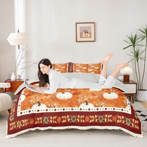 Erosebridal Fall Thanksgiving Duvet Cover Queen Size Pumpkin Maple Leaves Bedding Set for Adults Teens Women Warm Harvest Comforter Cover Fall Bedclothes Room Decor