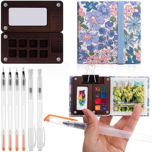 Qilery Mini Portable Watercolor Palette Set Wooden Grid Paint Box Watercolor Paper Sketch Book Brush Pens with Binder Clip for Painters Artist Not Include Paint(Summer Flowers)