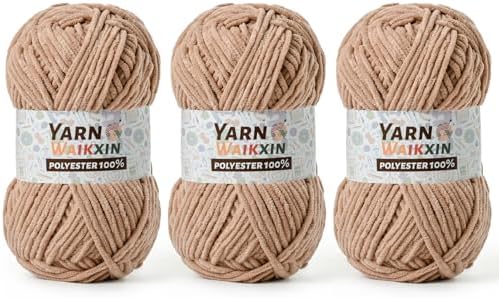 3 Pack Soft Chenille Yarn for Crocheting, Fluffy Chunky Crochet Yarn for Baby Blanket, (5.29oz/196.8yds) Fuzzy Velvet Yarn for Amigurumi&DIY Puzzle、Crafts、Scarf(3 Light Coffee)