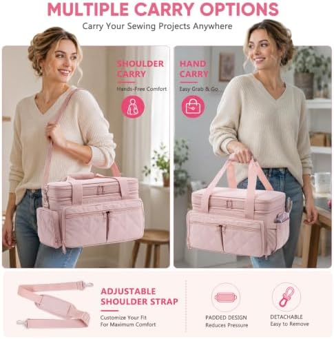 AMOIGEE Sewing Organizer Bag with 2 Clear Storage Boxes, Double Layer Sewing Storage Bag with Removable Pouches & Adjustable Dividers for Thread, Needles, Scissors, Embroidery Floss&Craft Accessories