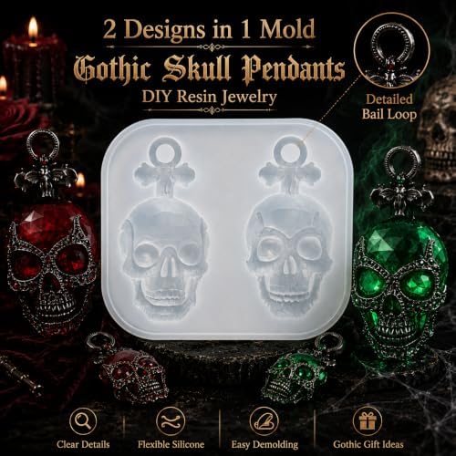 Gothic Bat Top Faceted Skull Silicone Resin Mold with Pre-Made Hanging Hole, 2 Cavity Skull Pendant Epoxy Mold, DIY Jewelry Charm Casting Supplies for Halloween & Christmas Crafts (KL05)