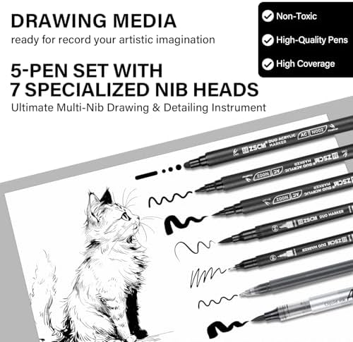 5 Black Acrylic Pens Set, Black Gel Pens, Dual-Tip Acrylic Paint Markers