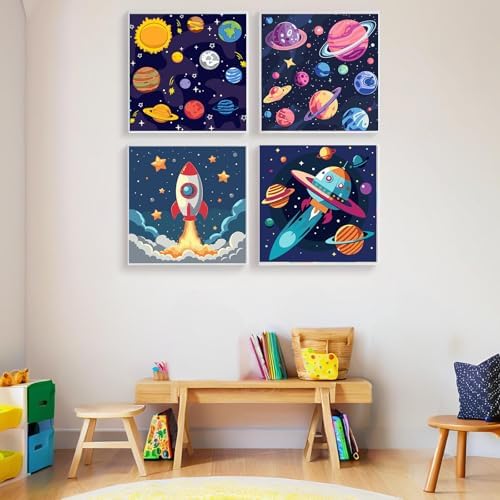 bleihum 4 Pack Paint by Numbers Kit for Kids with Frame Wooden Easel | Easy Paint by Number Kids Space, DIY Acrylic Oil Painting by Numbers for Home Wall Decor 8x8 Inch