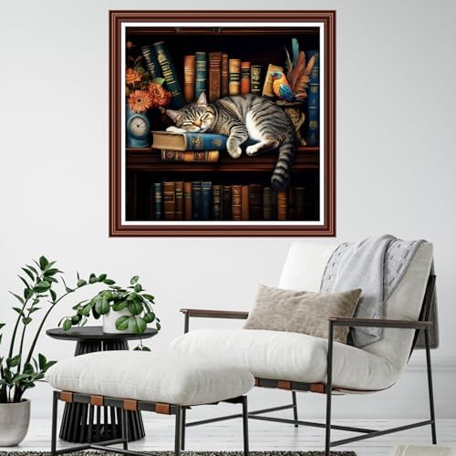 Dimensean Counted Cross Stitch Kit for Beginners, 11CT Unprinted Cross-Stitch Kit Easy Patterns Needlepoint Kit Cross Stitching Embroidery Kit Supplies-Bookshelf Cat 18x18 inch