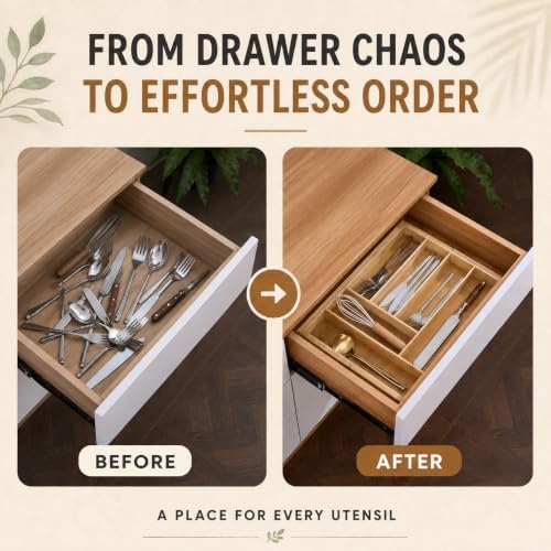 Bamboo Expandable Silverware Drawer Organizer, Utensil Tray