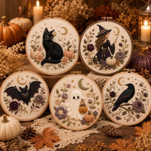 Halloween 3D Embroidery Hoop Decor Cozy Handmade-Style Fall Wall Art (Cat)
