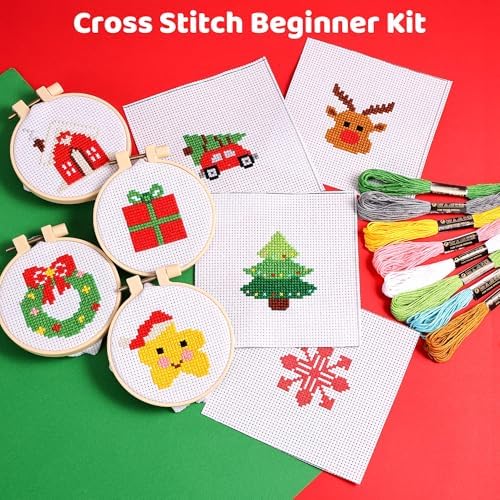 Pllieay 8PCS Christmas Cross Stitch Kit for Kids, Includes 8Pcs Christmas Patterns, 2Pcs Hoops and 14 Color Skeins, Fun & Easy Cross Stitch Kits for Beginners, Perfect for Crafts and Christmas Decor