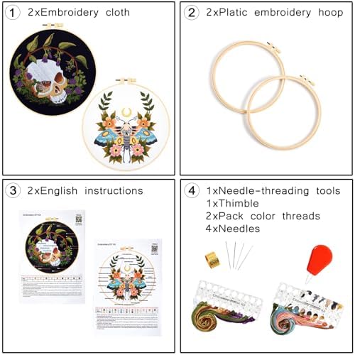 Gothic Skull Embroidery Starter Kits for Beginners Adults, Halloween Stamped Cross Stitch Kit for Beginners Adults, Flowers Hand Embroidery Needlepoint Kit, 2 Embroidery Hoop (Attached Video Tutorial)