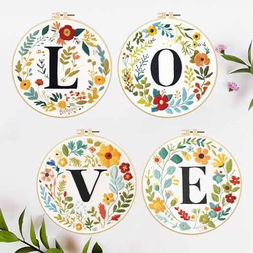 FREEBLOSS 4 Sets 11.6" Embroidery Kit for Beginners Needlepoint Embroidery Starter Kit with Flower Stamped Patterns, Instructions, Colored Threads, 2 Hoops