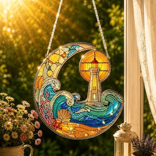 HMZephitiquc Beach Hanging Diamond Art Kits for Adults, Special Shaped Crystal Diamond Painting Suncatchers, 5D Gem Art for Adults, Sun Catchers DIY Craft Kits for Gift Home Decor