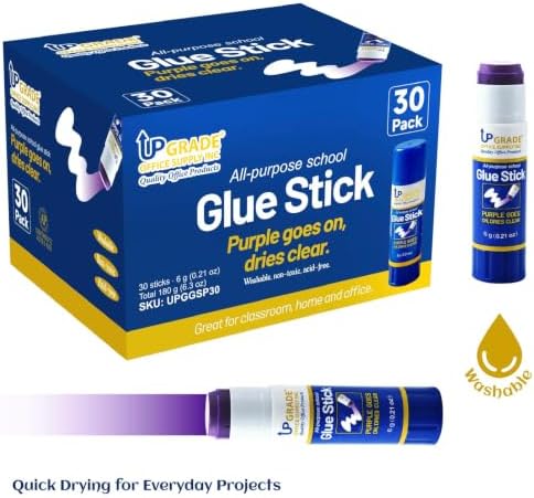 Upgrade Office Supply Glue Sticks, 6g, 30 Count, Purple Goes On Dries Clear