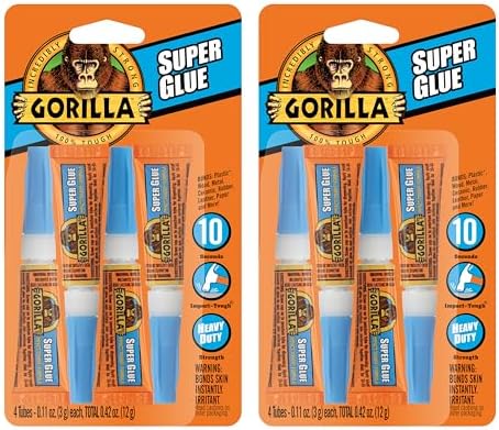 Gorilla Super Glue, Clear Glue, Four 3 Gram Tubes (Pack of 2) - All Purpose and Fast Setting for Projects and Repairs