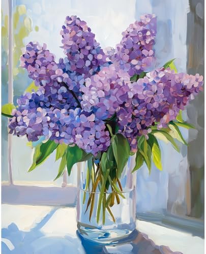 Natuyalo Paint by Number for Adults Beginners, Purple Flowers Over Window Paint by Numbers Kits on Canvas, DIY Acrylic Painting Kits Adults' Paint-by-Number Kits for Home Wall Decor 16x20 inch