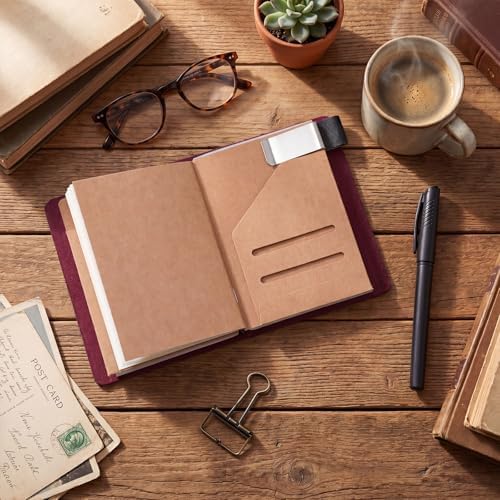Thenshop Leather Travel Notebook 3 Inserts,Purple,Passport Size