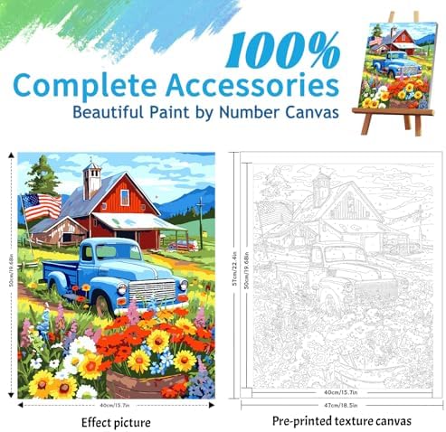 ZTOTZ Vintage Blue Truck Paint by Numbers Kit for Adults, 16x20 in American Farm Countryside Paint by Number Canvas, Red Barn -Floral Landscape Oil Painting for Adults Set