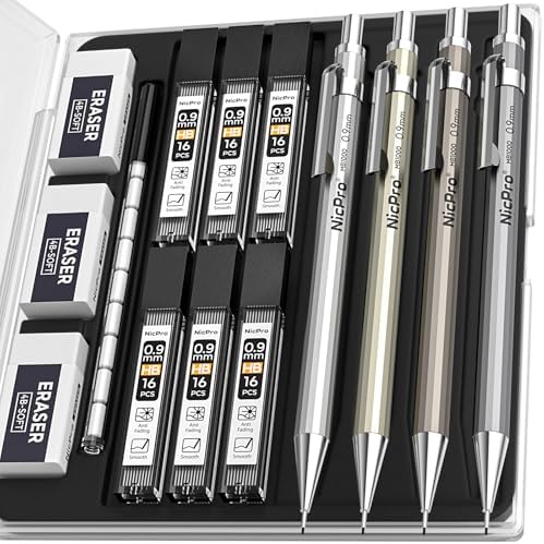 Nicpro 4 Pack Metal Mechanical Pencil Set 0.9mm, MB1000 Lead Drafting Pencil 0.9 mm with 6 Tube HB #2 Lead Refill, 3PCS 4B Eraser, 9 Cap Eraser for Artist Writing, Sketching, Drawing- Come with Case