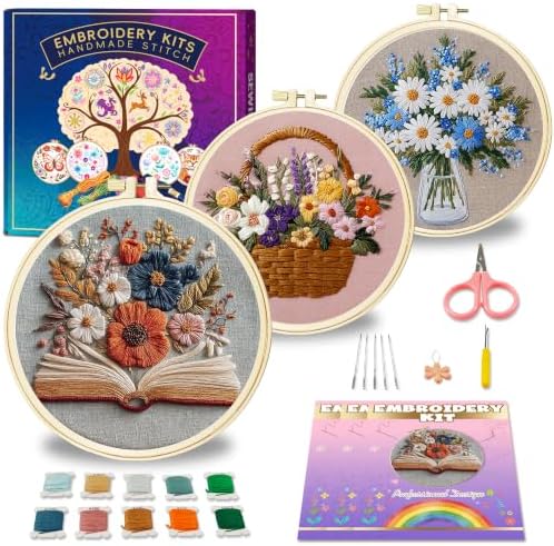Huacan Embroidery Kit for Adults Beginners with 3 Hoops & Gift Box